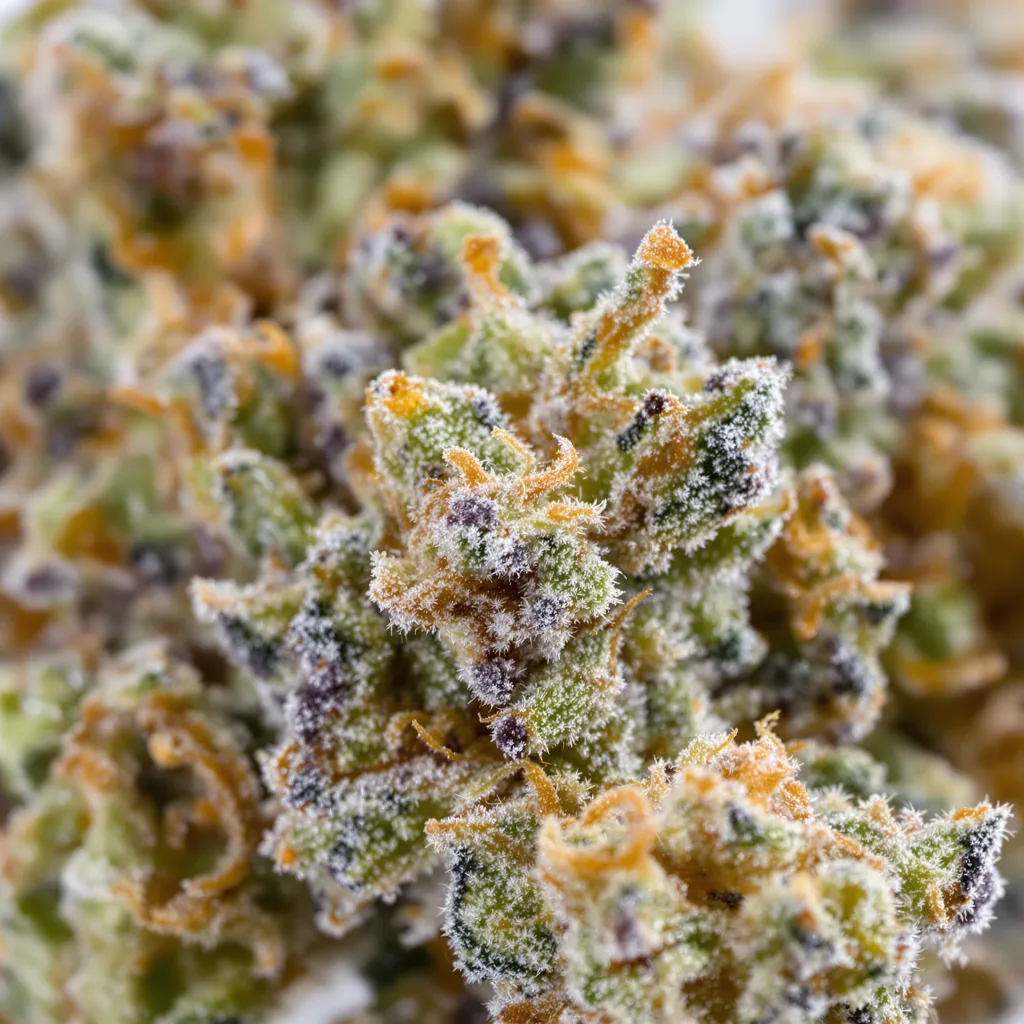 Sunset Sherbet cannabis bud close-up showing balanced bud structure with frosted trichomes