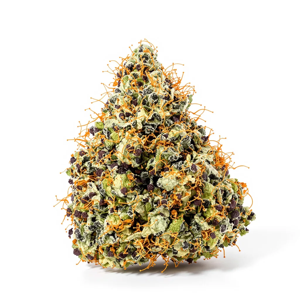 Super Kush 71% indica / 29% sativa flower with visible trichomes