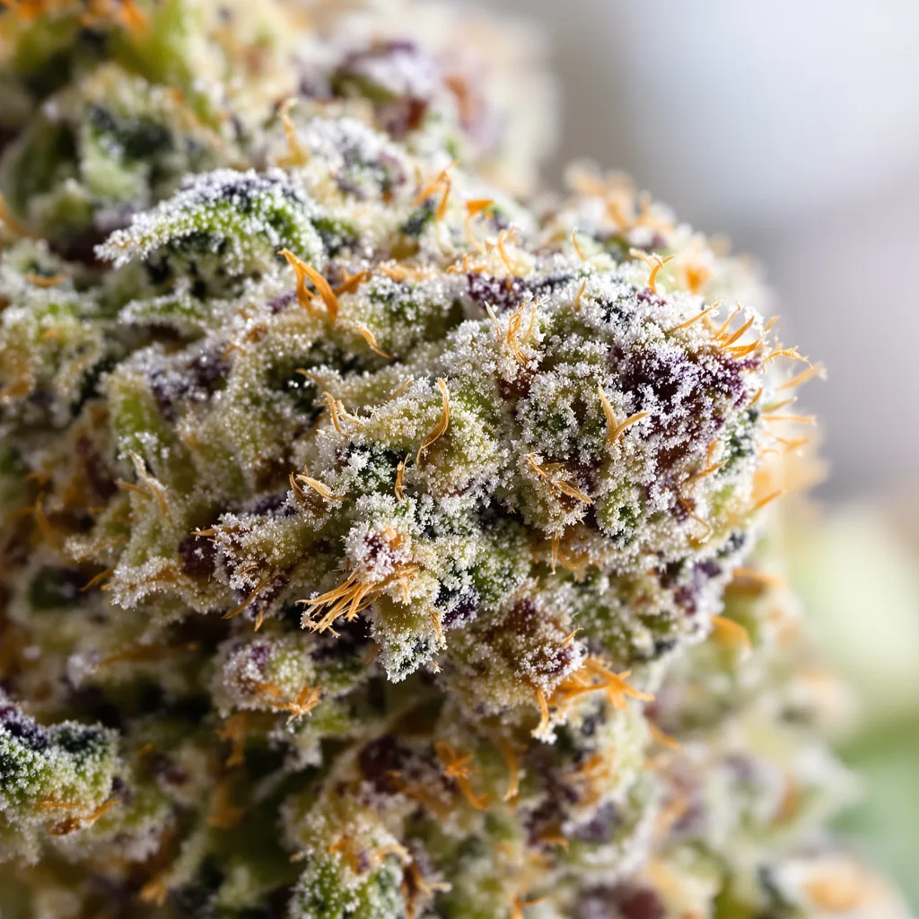 Super Snow Dog cannabis bud close-up showing balanced bud structure with frosted trichomes