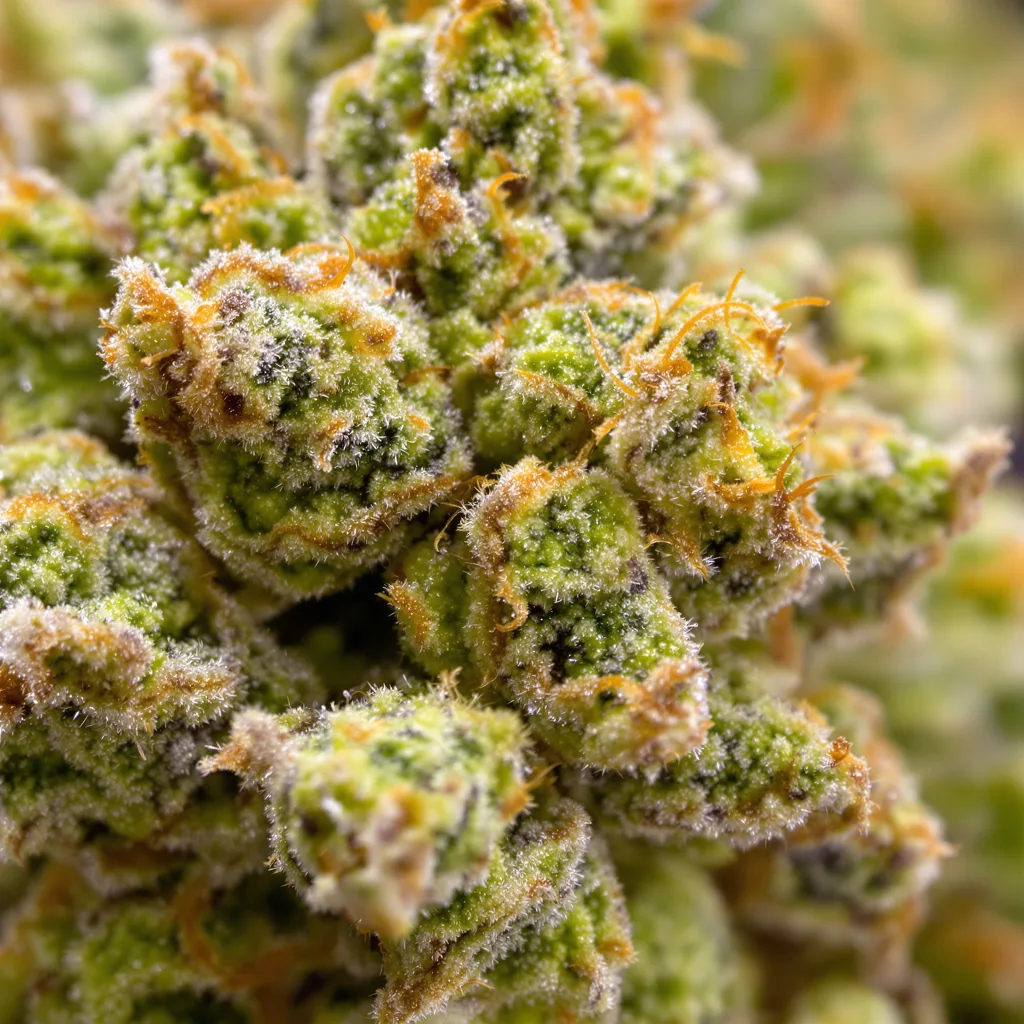 Super Sour Diesel cannabis bud close-up showing lime-green airy structure