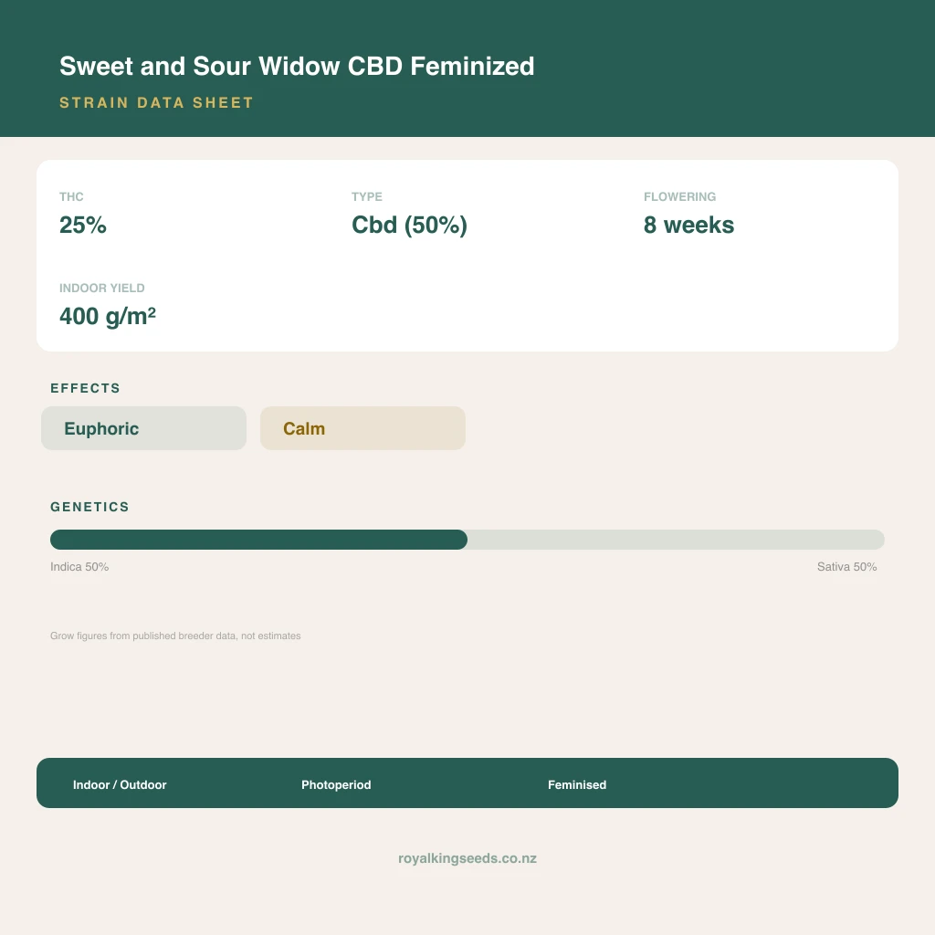 Sweet and Sour Widow CBD 50% indica / 50% sativa flower with visible trichomes