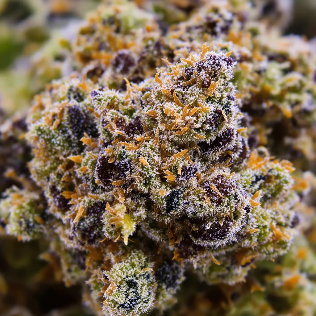 Sweet Baby Jane cannabis bud close-up showing dense purple-tinged calyxes