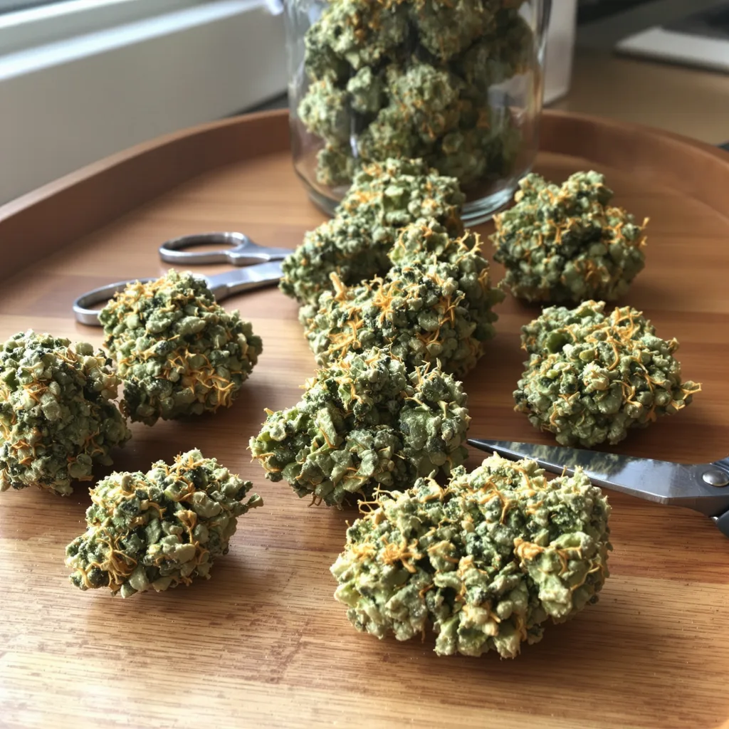 Sweet Diesel 14% indica / 86% sativa flower with visible trichomes
