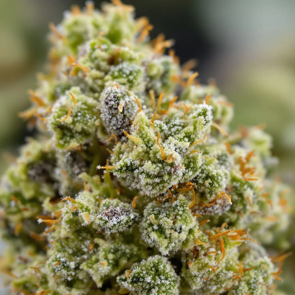 Sweet Diesel cannabis bud close-up showing lime-green airy structure