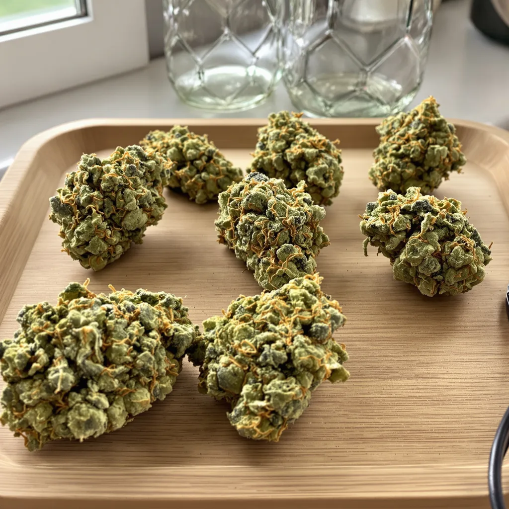 Sweet Island 19% indica / 81% sativa flower with visible trichomes