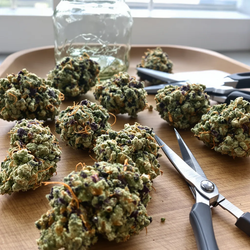 Sweet Nina 54% indica / 46% sativa flower with visible trichomes