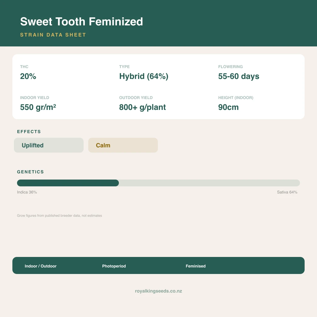 Sweet Tooth 36% indica / 64% sativa flower with visible trichomes