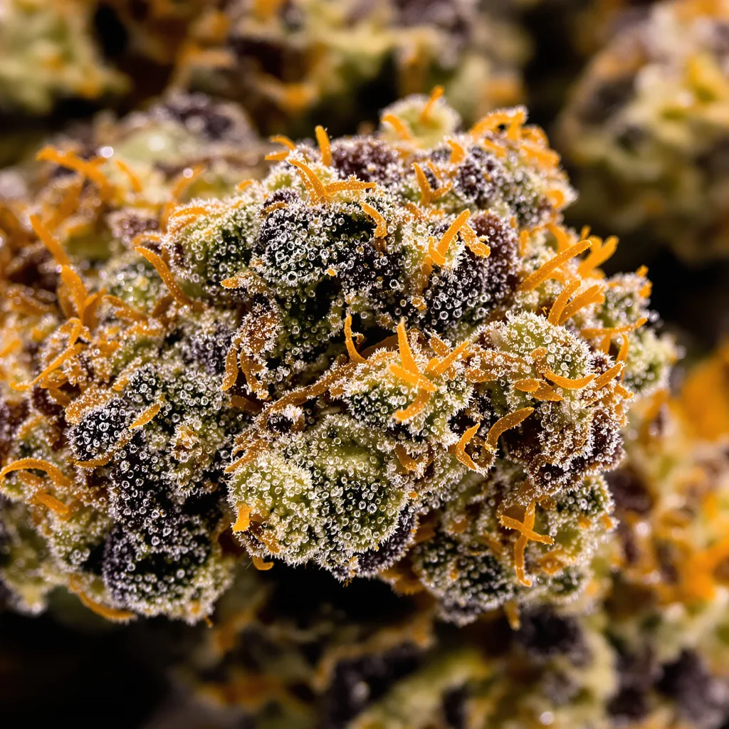Tahoe Hydro OG cannabis bud close-up showing dense purple-tinged calyxes