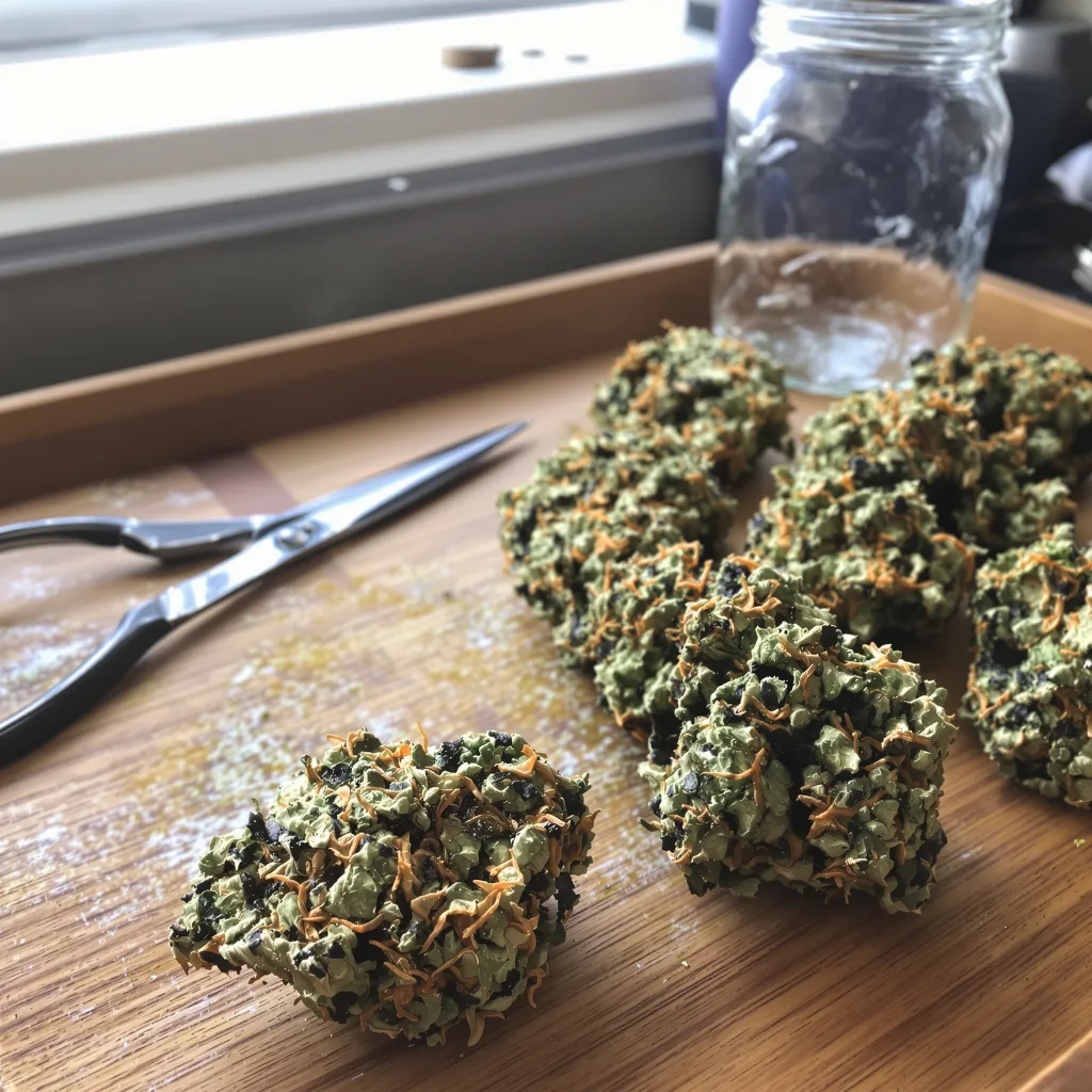 Tangerine Kush 70% indica / 30% sativa flower with visible trichomes