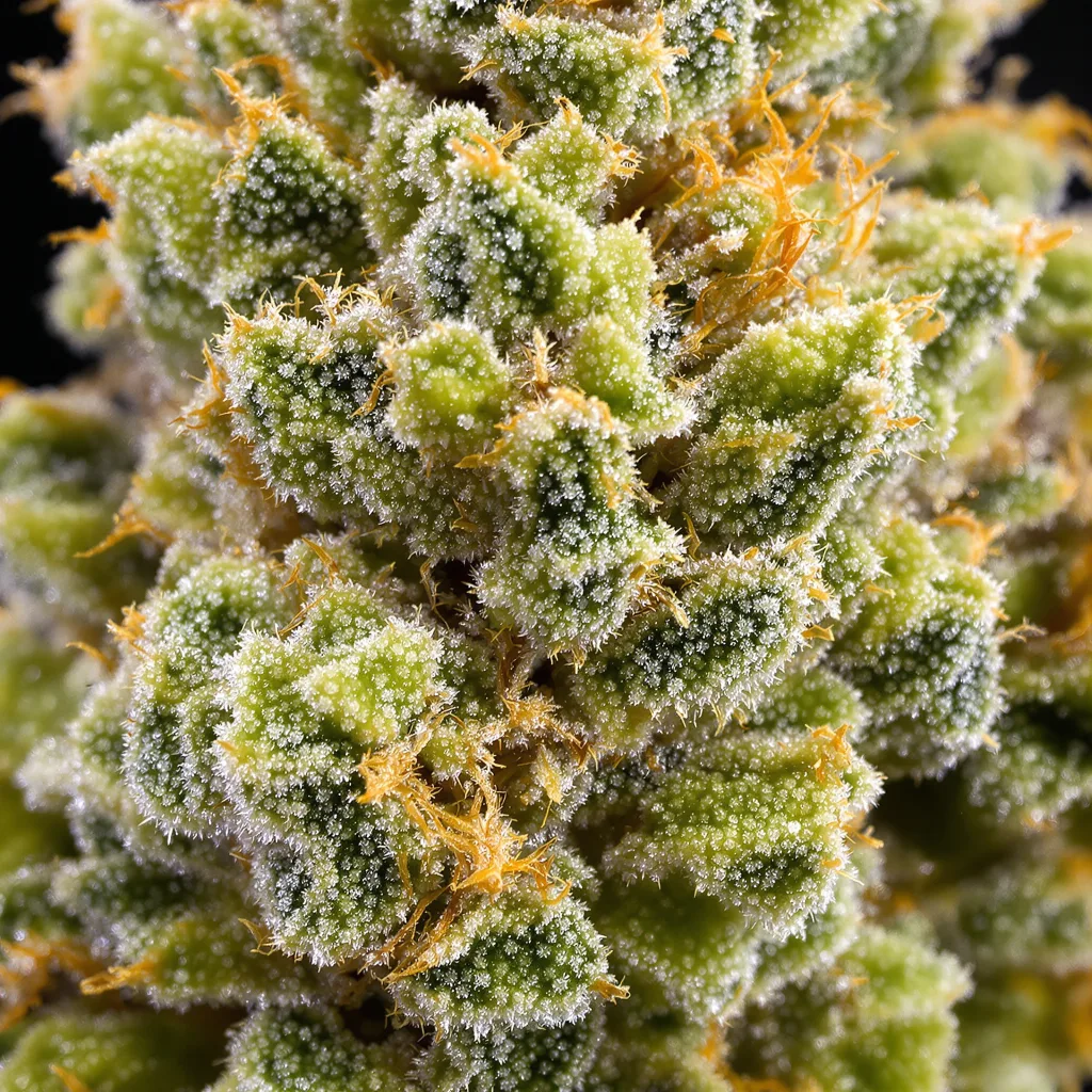Tangerine Power cannabis bud close-up showing lime-green airy structure
