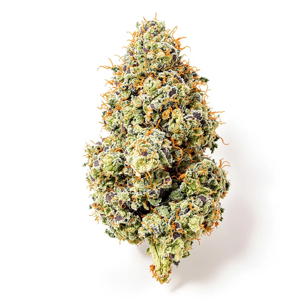 THC Bomb 60% indica / 40% sativa flower with visible trichomes