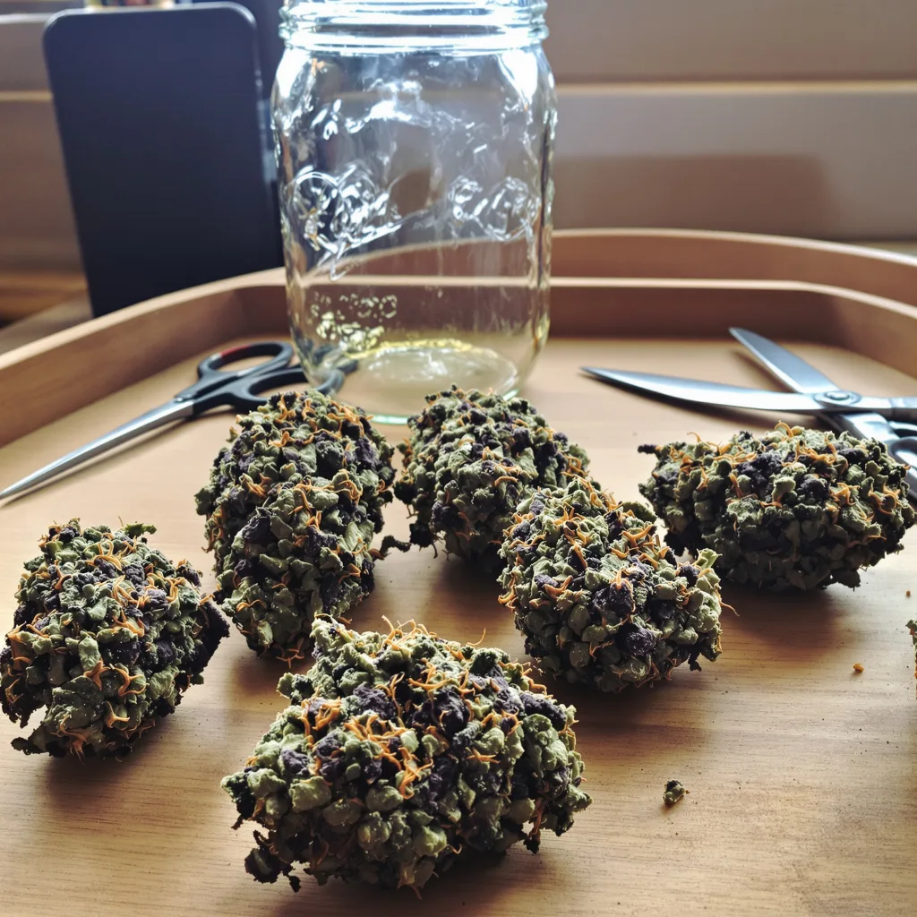 The Big Stink 85% indica / 15% sativa flower with visible trichomes