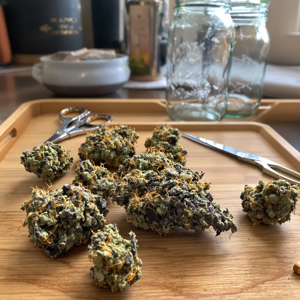 The Sister 77% indica / 23% sativa flower with visible trichomes