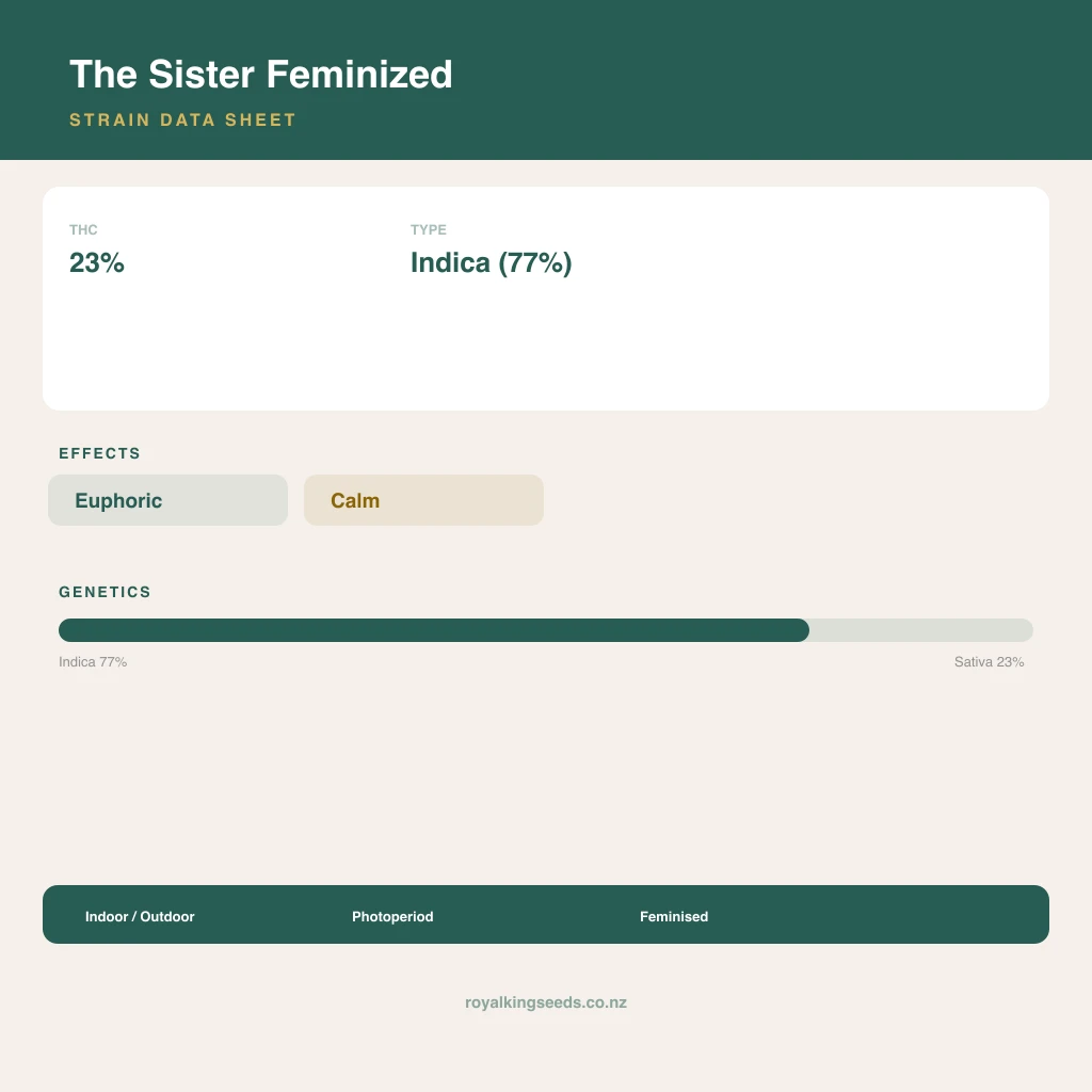 The Sister 77% indica / 23% sativa flower with visible trichomes
