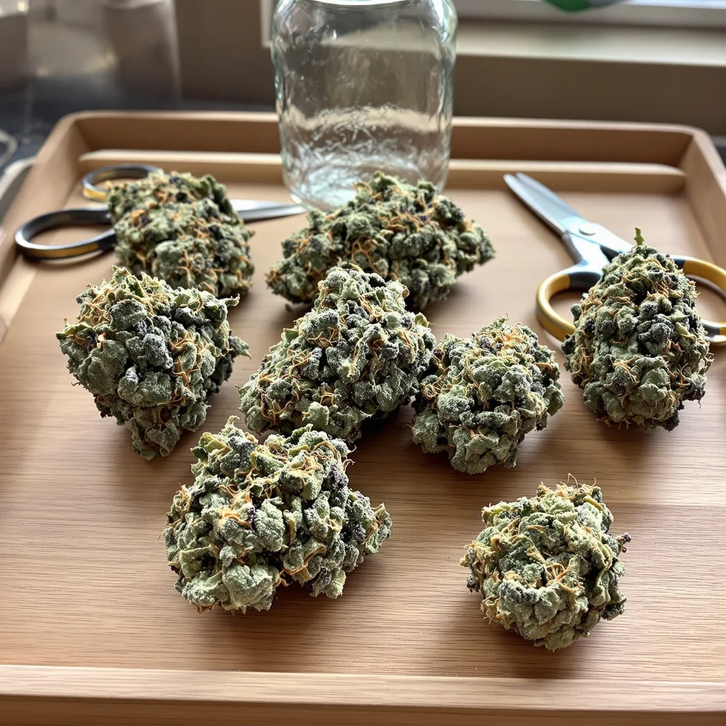 Tiger’s Milk 48% indica / 52% sativa flower with visible trichomes