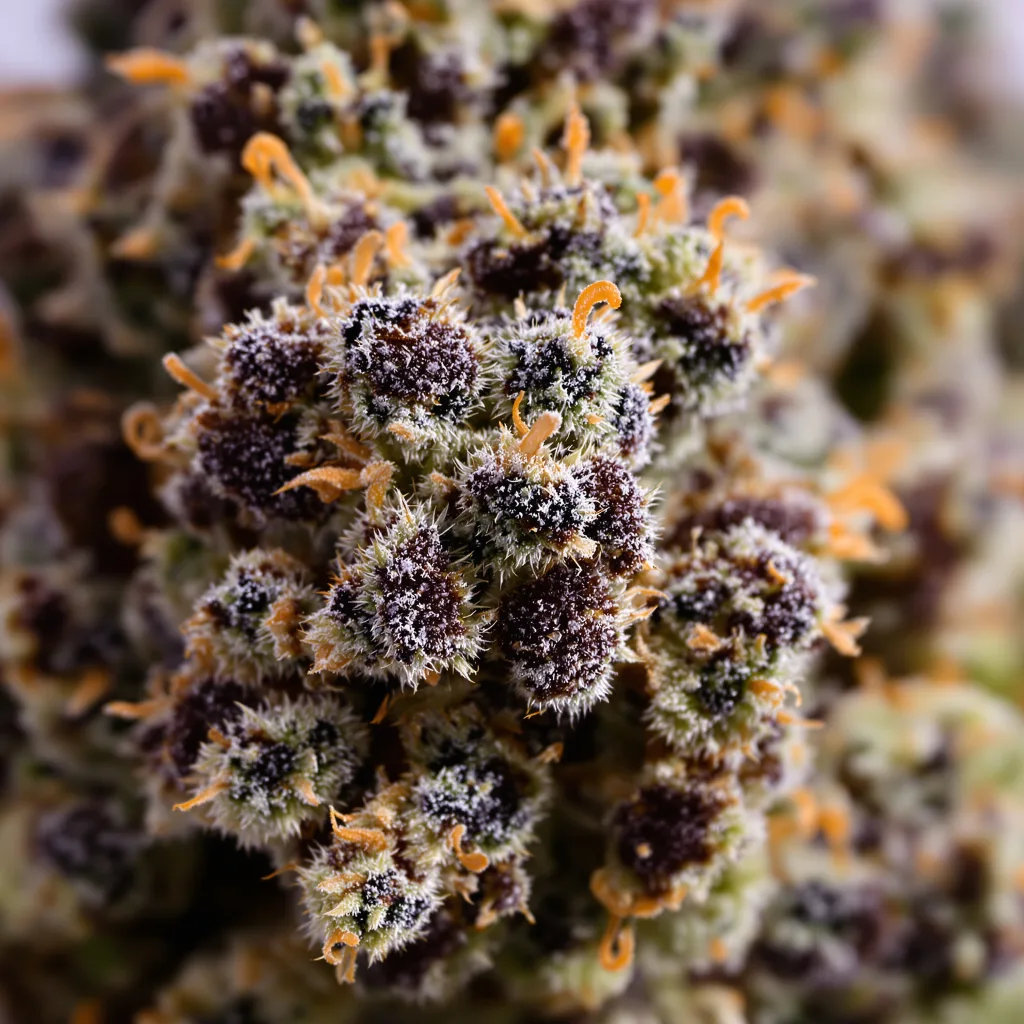 Tropicana Cookies Purple cannabis bud close-up showing dense purple-tinged calyxes
