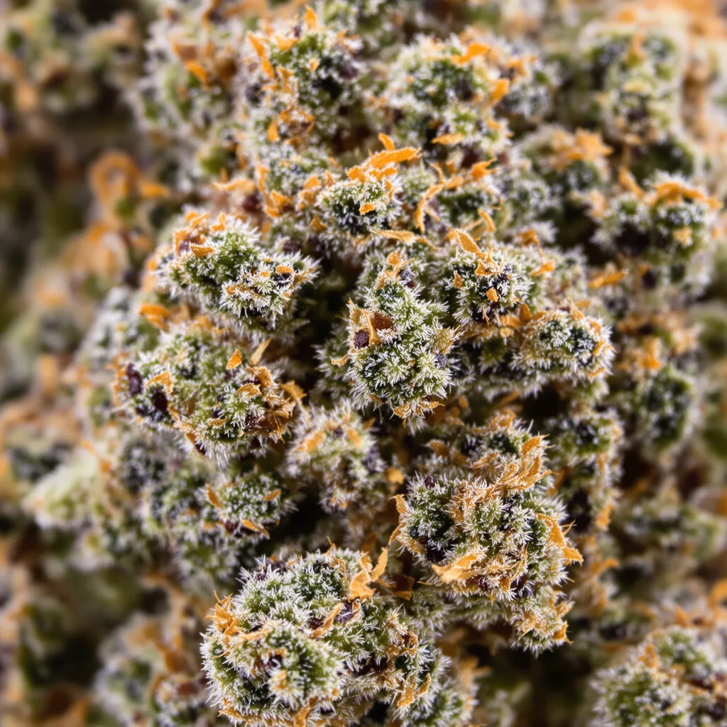 Tuna Kush cannabis bud close-up showing dense purple-tinged calyxes