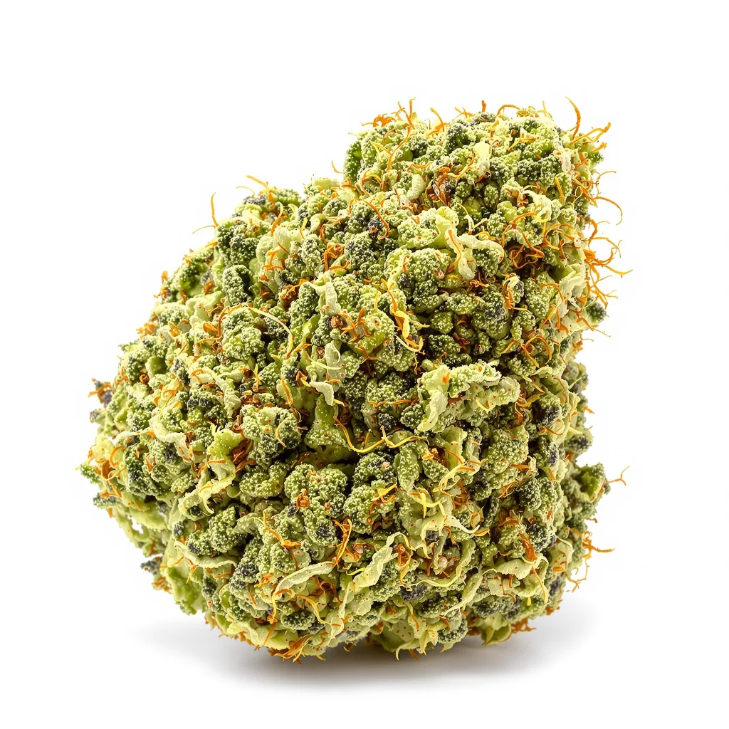 Tutankhamon 12% indica / 88% sativa flower with visible trichomes