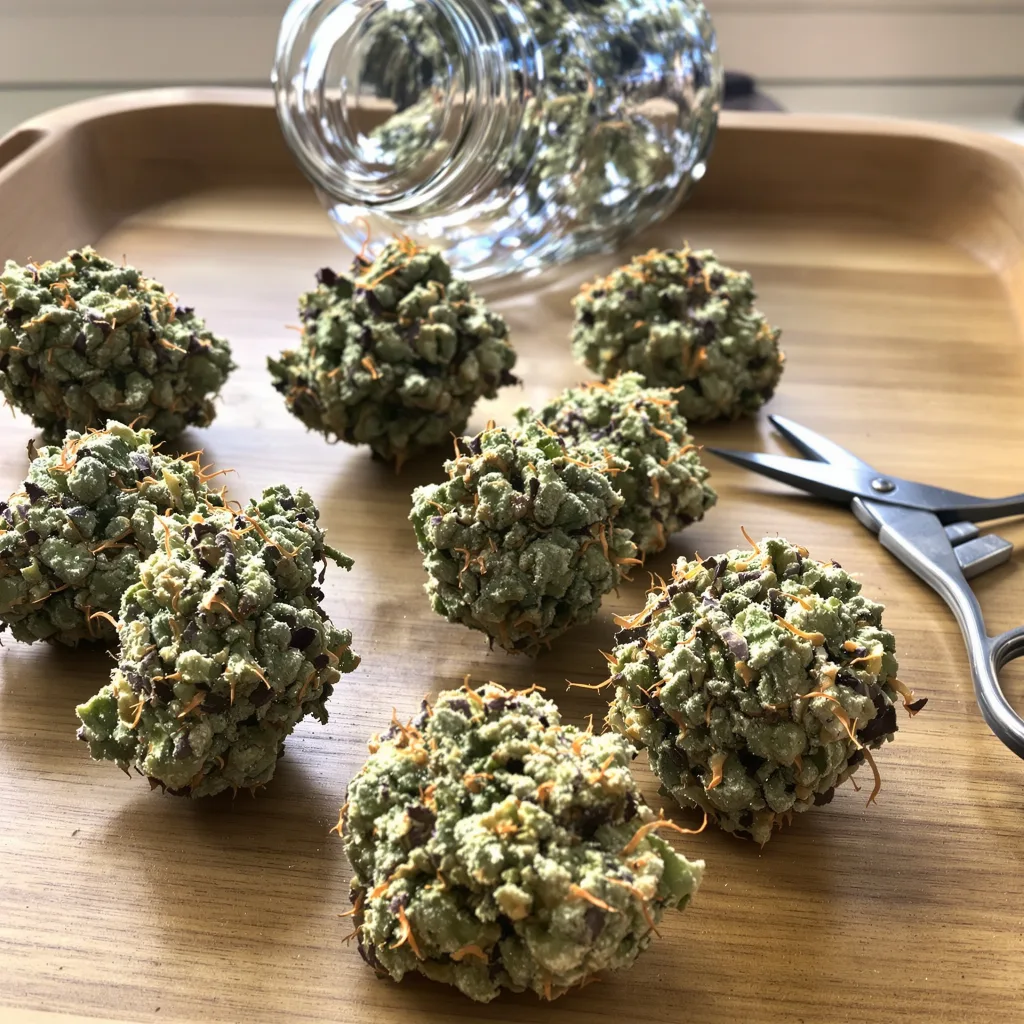 Tutti Frutti 44% indica / 56% sativa flower with visible trichomes