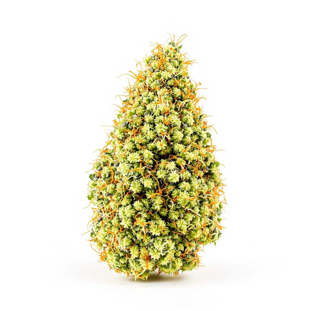 White Buffalo 20% indica / 70% sativa flower with visible trichomes
