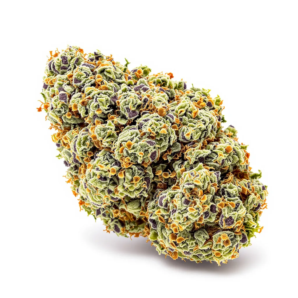 White OG 43% indica / 57% sativa flower with visible trichomes