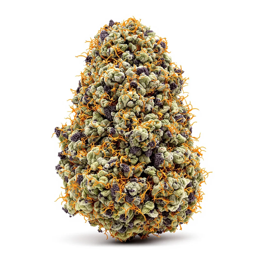 White Rhino 100% indica / 50% sativa flower with visible trichomes