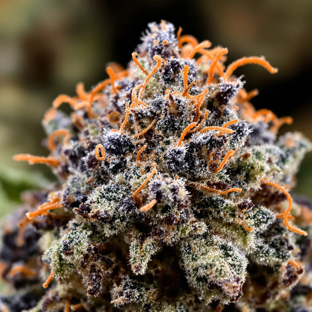 XXX 420 cannabis bud close-up showing dense purple-tinged calyxes